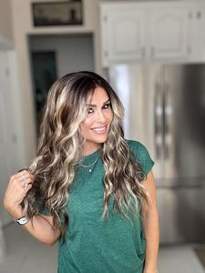 Carkira Lola 13x4 Lace Front Wig Chocolate Brown Highlight Blonde with Bangs Long Loose Wave Glueless Synthetic Fiber Hair 22Inch for Women Girls