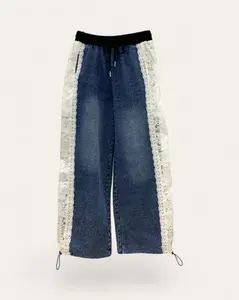 Lace Panel Wide Leg Denim Pants