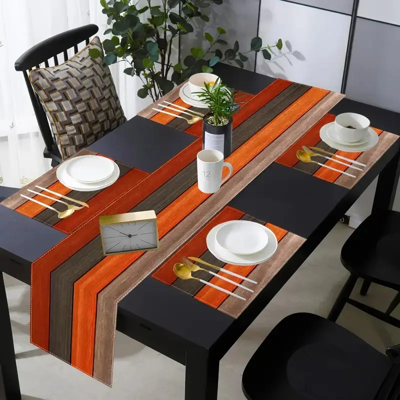 5-piece/7-piece rural wood grain design Rectangle table flag placemat set - brown and orange wood grain design, farmhouse anti slip, washable Table Placemats, suitable for kitchen and dining decoration, fashionable table arrangement, rural placemat set