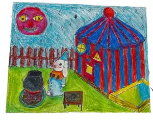 My Circus / Oil Pastels and Collaging Wall Hanging Artwork Featuring Colorful Circus Tent and Characters Hangable Decoration
