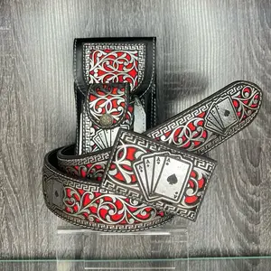Laser Cut Belt with Pocket Kni Case Set, Featuring Red and Black Patterns, Includes Card Design