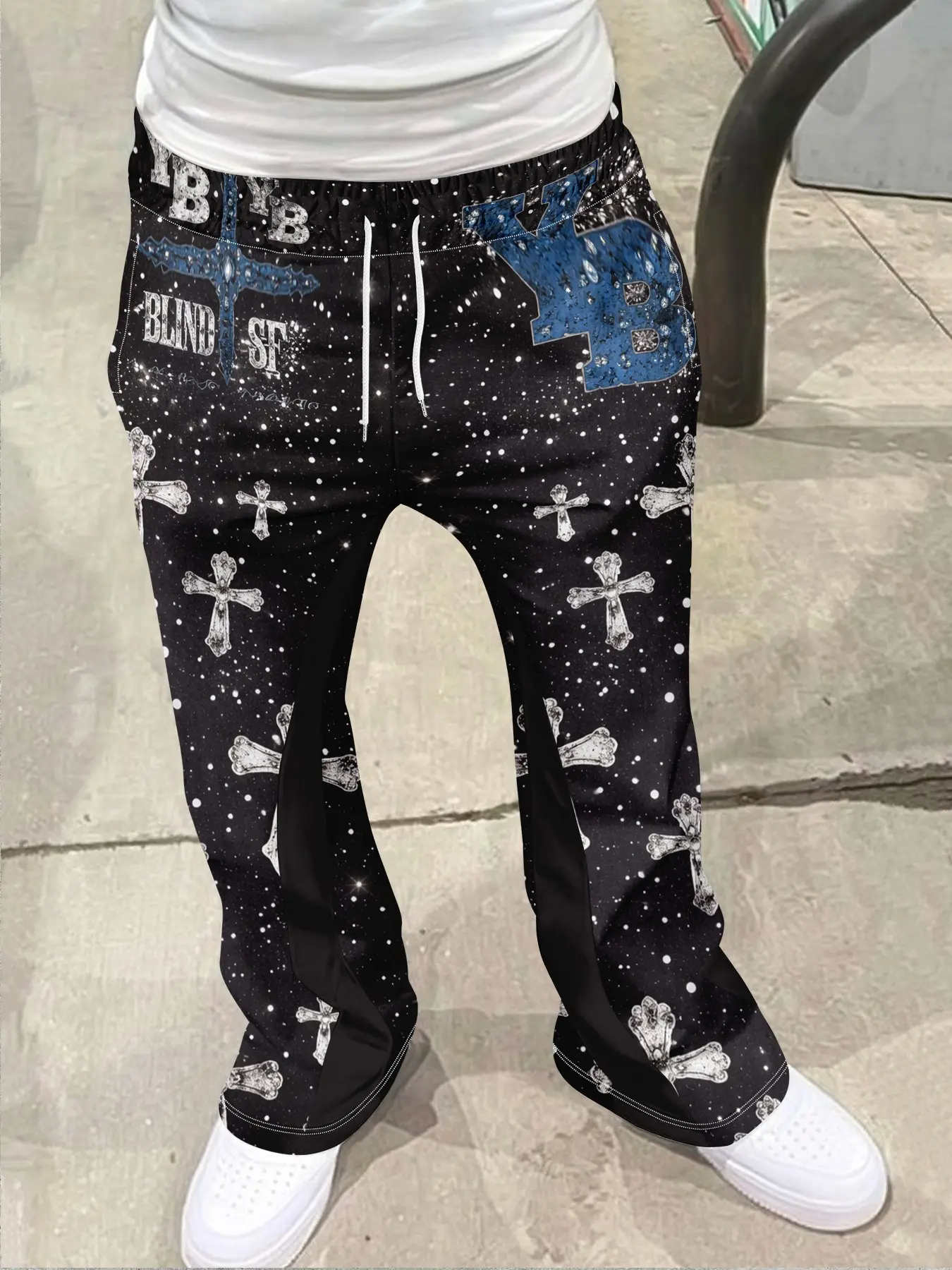 Vintage Men's Cross Print Pants, Unique Print, Diamond Pattern, Loose Bell Bottoms, Drawstring Sports Long Pants, 3D Soft Breathable Fabric, Casual Wear, Casual Trousers