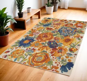 212 MAIN Contemporary 4' x 6' Indoor Floral Print Low Pile Neutral Tones Power-Loom Rectangle Home Decor Rug, Cream Machine-Made for Living Room Decor