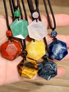 Multicolor Hexagon Natural Stone Pendant Necklace Unisex Vintage Handwoven Star Charm Long Chain Jewelry All Seasons Necklace for Men and Women