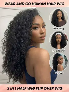 3 IN 1 HALF WIG Seamless Water Wave Wig Flip Over Wig Glueless Wig Human Hair No Glue No Lace Wig Half Wig Human Hair 180% Density  Natural Color Black Natural Hairline Travel Essential Beginner Friendly Wigs