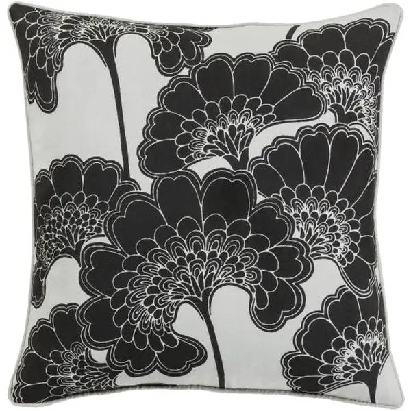 Japanese Floral Lumbar Pillow, Black, Off-White