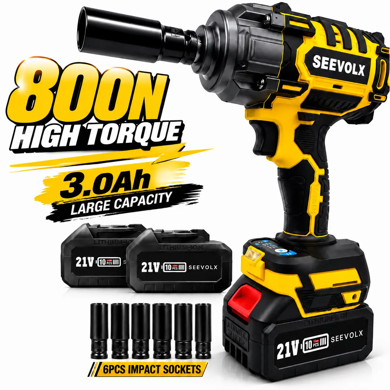 SEEVOLX 1/2" Cordless Impact Wrench, Brushless 800Nm High Torque Impact Gun, Power Tool for Car Tire Change, Auto Repair & Home Improvement