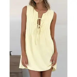 Women's Plain Tie Front Dress, Casual Sleeveless Linen Dress for Summer, Ladies Clothes for Daily Wear, Womenswear, Bohemian Sun Dress, Boho Casual Dress