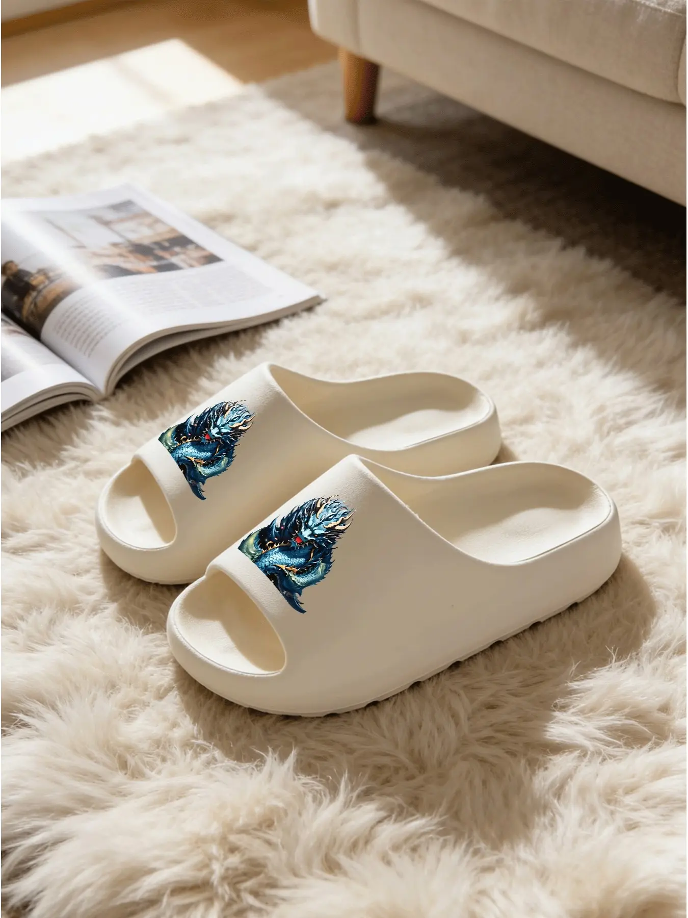 Men's Casual Eva Sandals, Blue Dragon Print Cloud Slippers, Medium Width, All Seasons, Comfortable Home Footwear, Unique Style