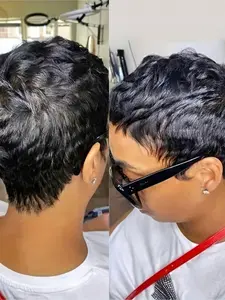 Pixie Cut Wig for Women Curly Wave Wig Halloween Wig Full Machine Made Wig 150% Density 6 Inch Human Hair Textured