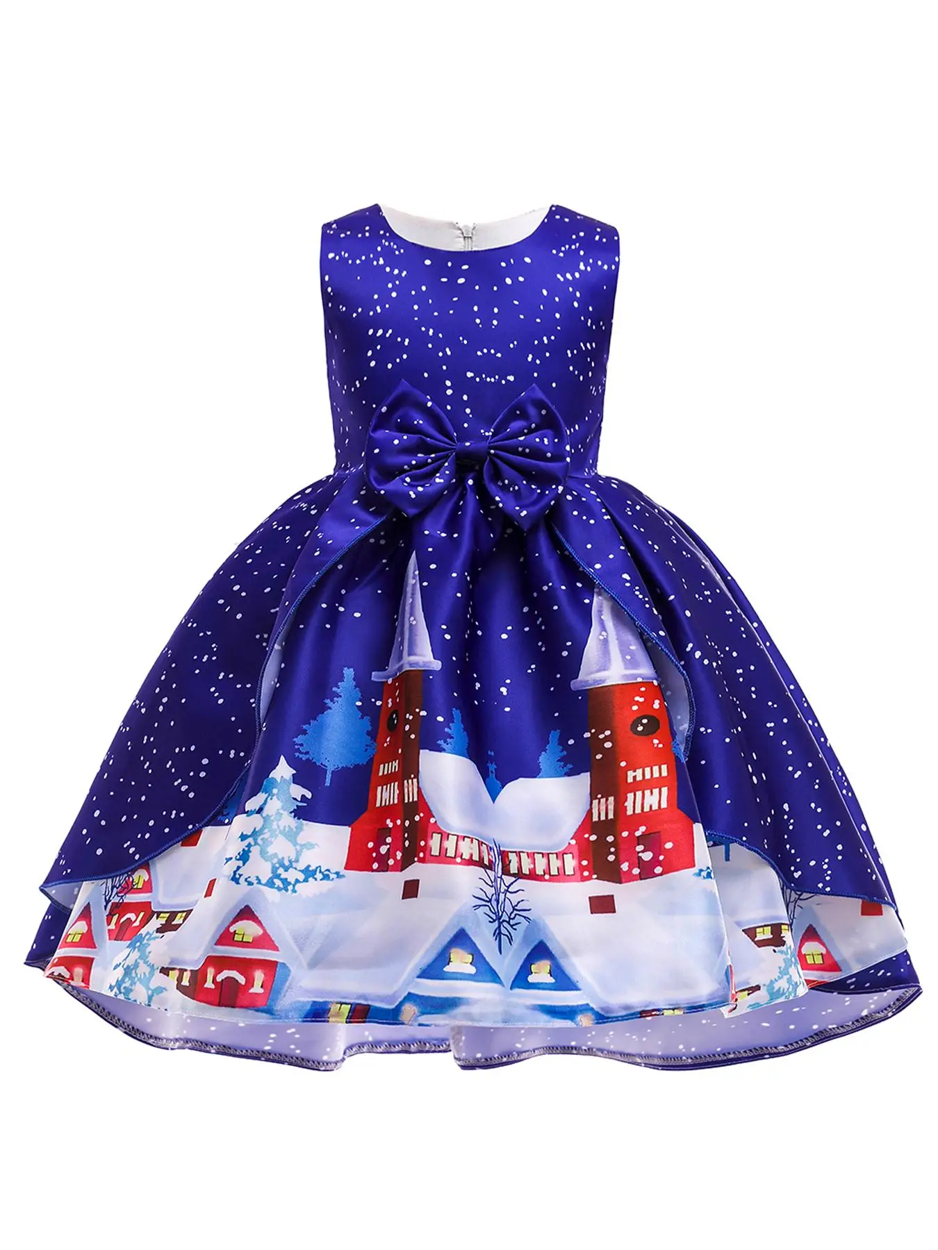 Girl's All Over Snowflake Print Bow Front Satin Dress, Elegant Zipper Back Sleeveless Round Neck A Line Dress for Party Holiday, Kids Clothes for All