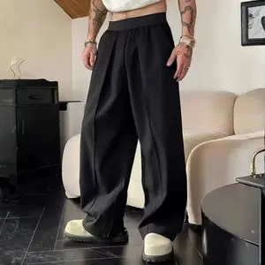 Men’s high-waisted, drapey wide-leg suit pants with double pleats—versatile floor-length casual trousers for everyday wear; trendy and easy to match.