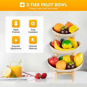 CNCEST 3-Tier Fruit Rack - Healthy & Durable Bamboo Wood & Ceramic Fruit Bowl - Large Capacity Vertical Storage - Easy Installation - Dishwasher Safe - Elegant Home Decor