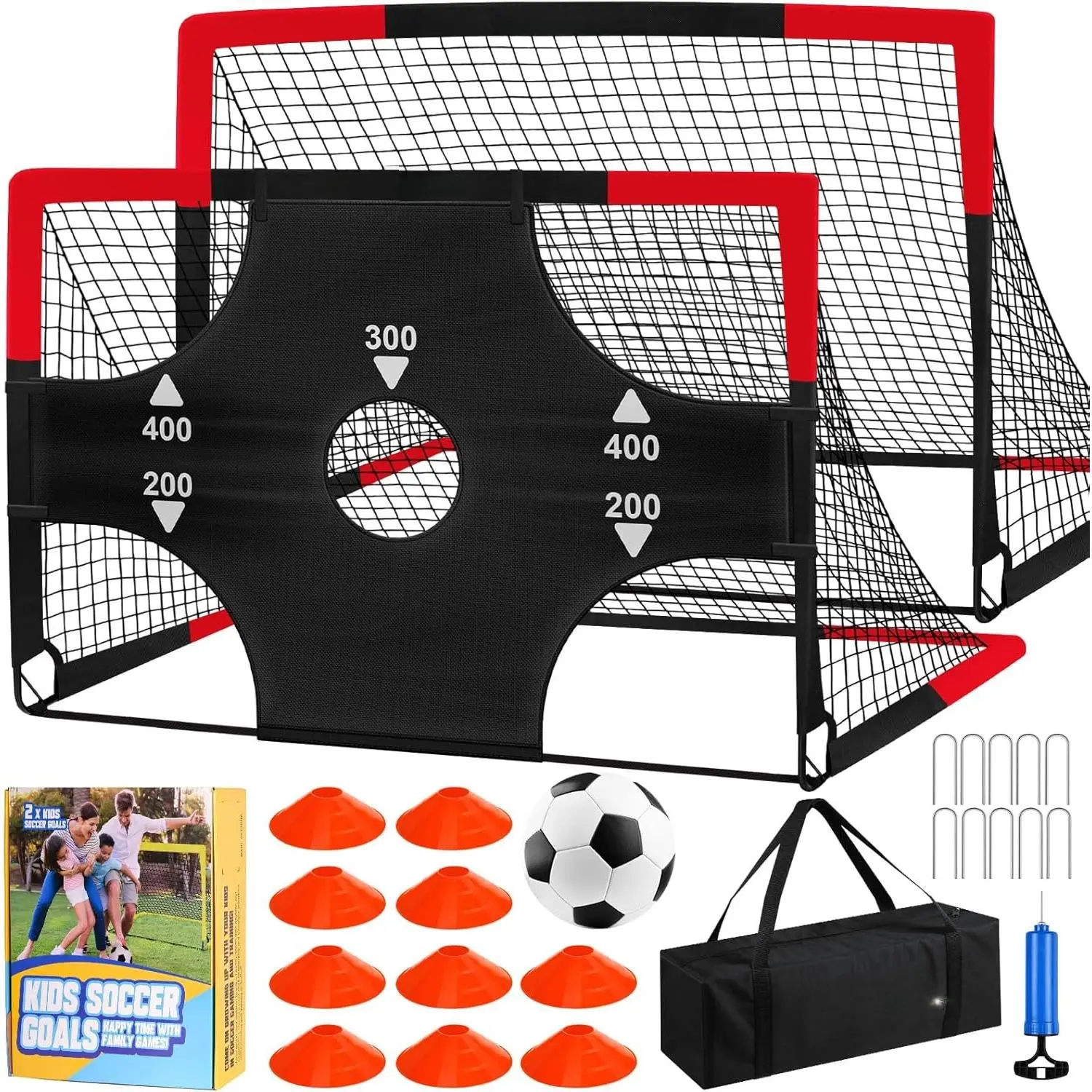 Soccer Goals for Backyard Set of 2, 6x4 ft Portable  Soccer Goal  Equipment with Soccer Target, Ball, Cones, Soccer Net for   3-5 6-8 8-12 10-12-14 Outdoor