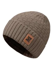 Leather-Patch Grid Knit Beanie Men's Comfortable Warm High Quality Hat for Daily Street & Casual Versatile Textured Style