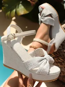 Women's Linen Knot Heeled Sandals, Thick Sole High Heel, Square Toe Braided Knot, Ankle Strap Buckle, Boho Style, Spring Summer Fashion