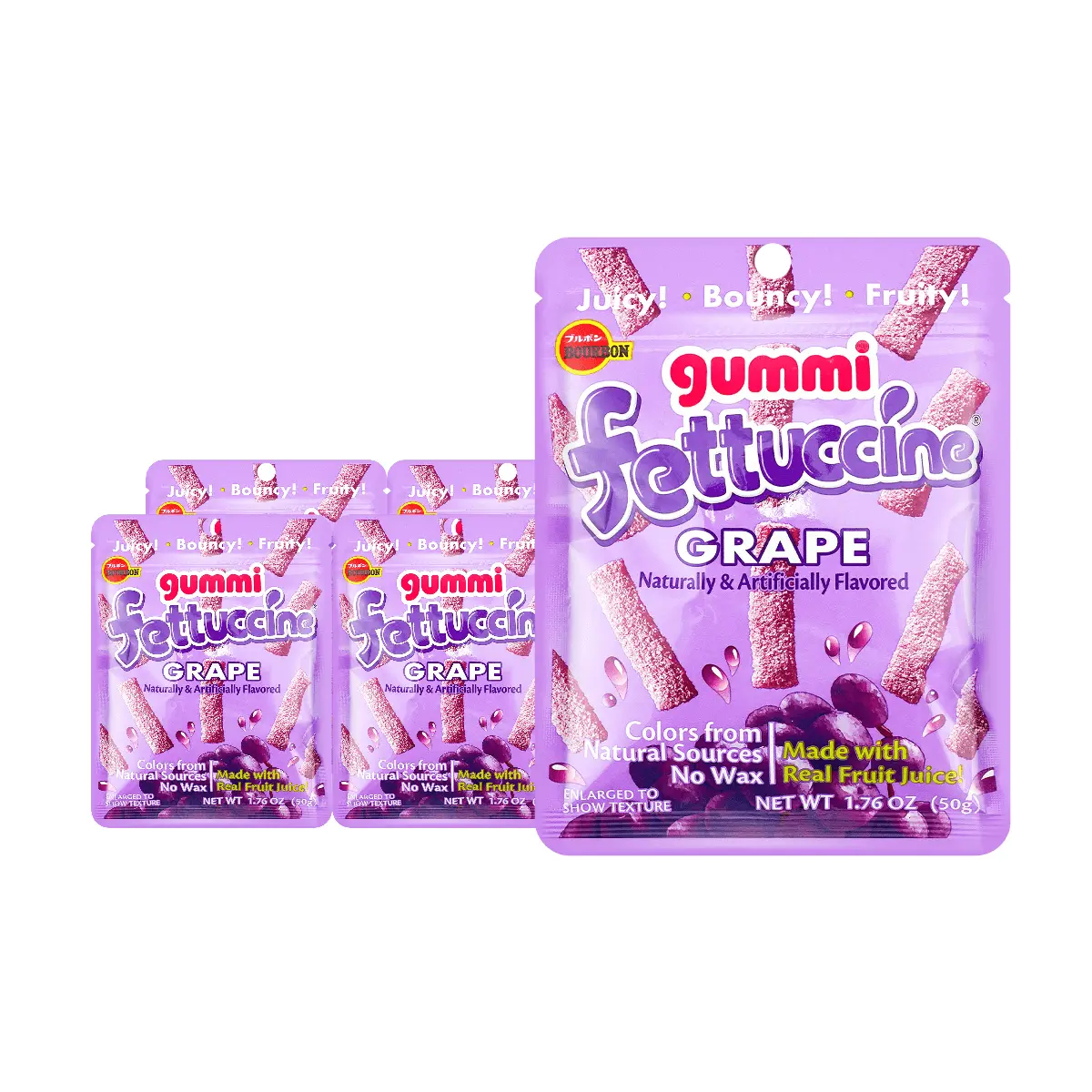 BOURBON Fettuccine Gummy Candy - Grape Flavor, 50g Bags (5 Pack) - Chewy & Delicious Japanese Snack, ITZY Yuna Favorite