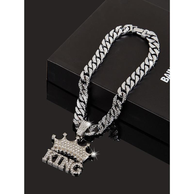 14K Gold Plated King & Crown Pendant with Austrian Rhinestones Miami Cuban Link Chain Italy & Micro Inspired Unisex Hip Hop Necklace for Men & Women Jewelry,Daily Wear, Casual Fashion, Sporty Style, Gift Idea