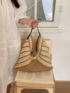 Korean Style Striped Straw Tote Bag, Patchwork Leather Strap, Large Capacity, Casual Summer Vacation Commute Shoulder Bag
