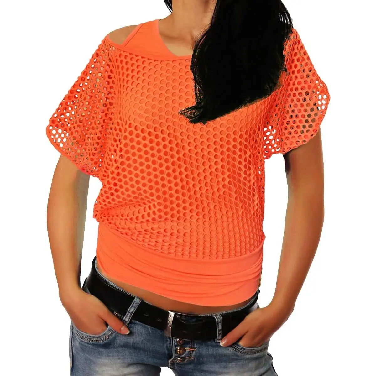 Women Casual Sexy 80s Costumes net Neon Off T-Shirt Women Casual Sexy 80s Costumes net Neon Off T-Shirt