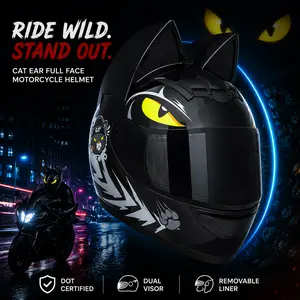 Cat Ear Full Face Motorcycle Helmet 2026 New Release – Sculpted Cat Ear Design, DOT Certified, Dual Visor Anti-Fog, Enhanced Ventilation, Street & Urban Riding Helmet for Electric Motorcycle & E-Bike Riders, Free S & L Fit Pads