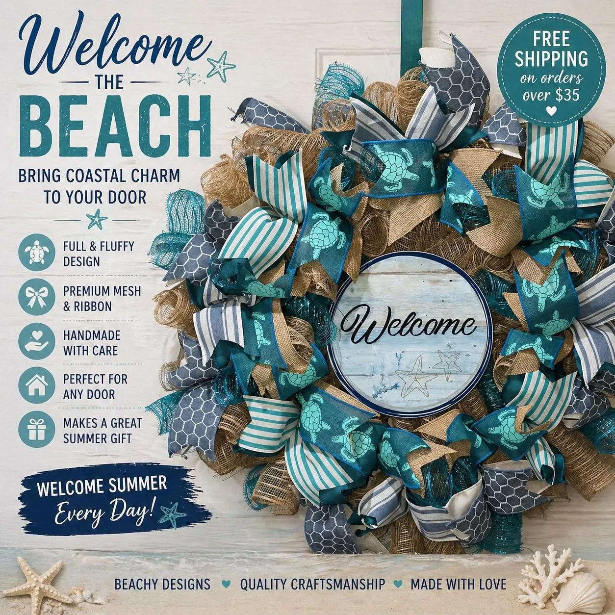 Welcome Coastal Teal Handmade Wreath Turtles, Starfish