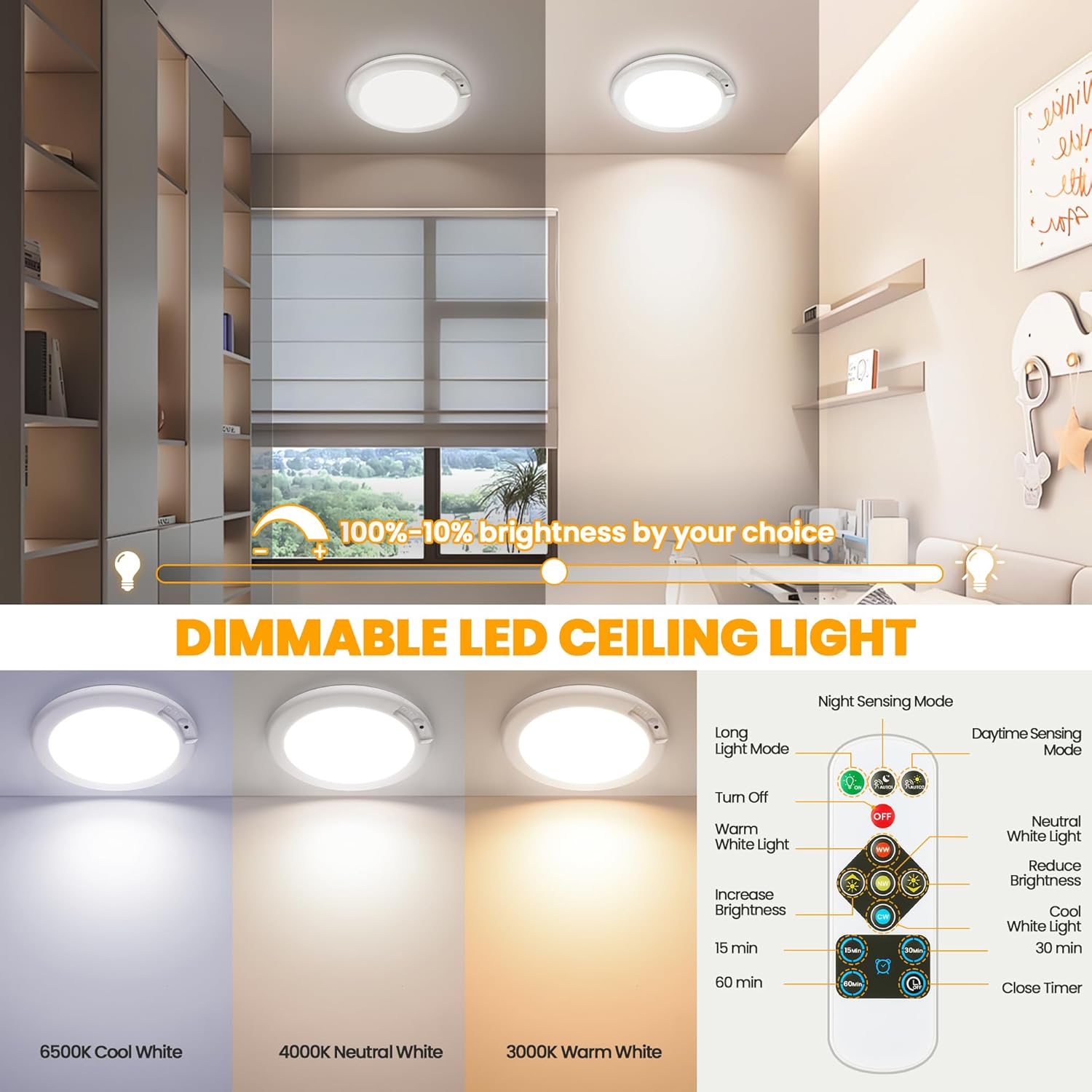 1/4 Pack Wireless Motion Sensor Ceiling Light, USB-C Rechargeable 5000mAh LED Magnetic Lamp with Remote Control, 3000K-6500K Dimmable IP54 Waterproof Fixture for Bathroom, Closet, Stairway
