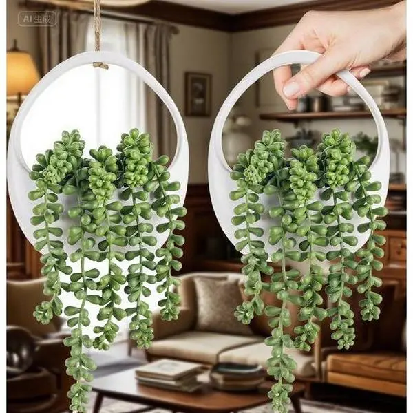 2-Pack Plastic Artificial Hanging Succulent Plants with String Planters (6.8x5.9"), Reusable Boho Wall Decor for Living Rooms, No-Maintenance Greenery for Aesthetic Spaces, Decorative Fruit Ornaments for Black Day Gifting