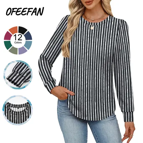 OFEEFAN Women’s Long Sleeve Printed Blouse - Soft Stretch Crew Neck Puff Sleeve Trendy Blouses, Dressy Casual Fall Longsleeves for Office Work Clothes, Women's Fashion Wardrobe Staples S-3XL