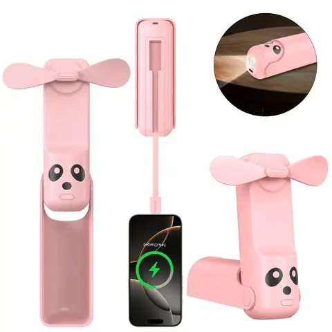 Pink Foldable Handheld USB Charging Fan - USB-A 4500mAh Battery Recharge, Wired Portable Power Bank Included, Compact Type, EDC Gear Cool Gadget for Bedroom, Useful Gift (Power Bank Combo), Fan Portable