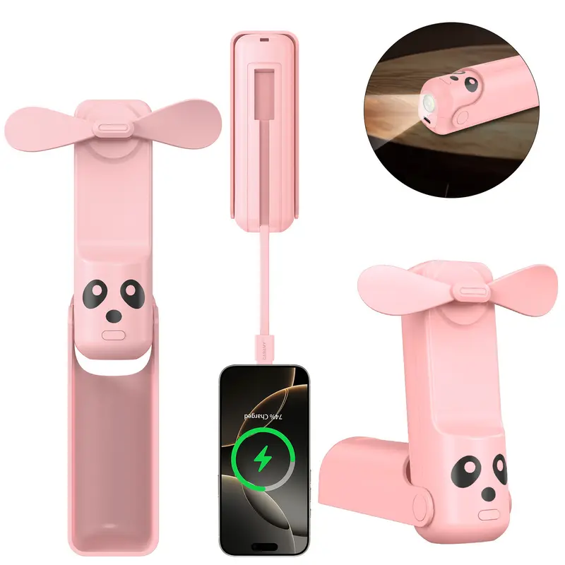 Pink Foldable Handheld USB Charging Fan - USB-A 4500mAh Battery Recharge, Wired Portable Power Bank Included, Compact Type, EDC Gear Cool Gadget for Bedroom, Useful Gift (Power Bank Combo), Fan Portable