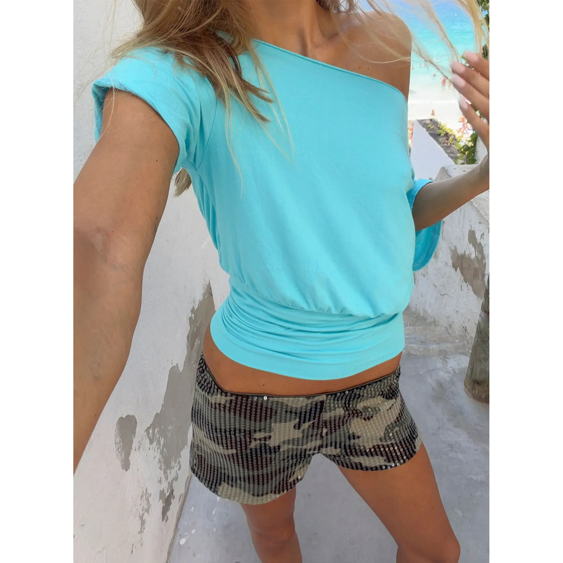 Ashlinn Off Shoulder Drapey Top Turquoise