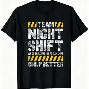Team Night Shift T-Shirt With Bold Text And Yellow Warning Stripes Cotton For Night Workers And Shift Workers