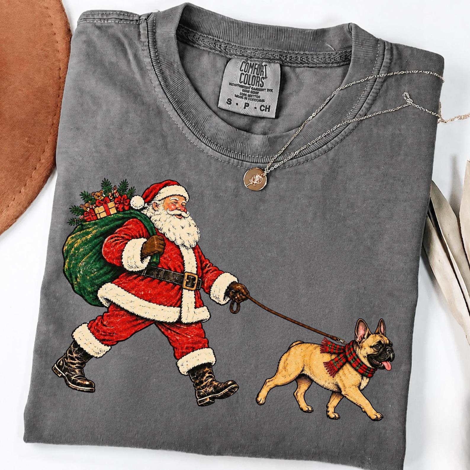 Comfort Colors French Bulldog Christmas T-Shirt, Santa Walking Dog Graphic Tee, Funny Retro Holiday Shirt, Dog Lover Gift