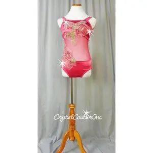 Custom Pink Lycra and Sheer Mesh Leotard with Floral Appliques - Swarovski Rhinestones