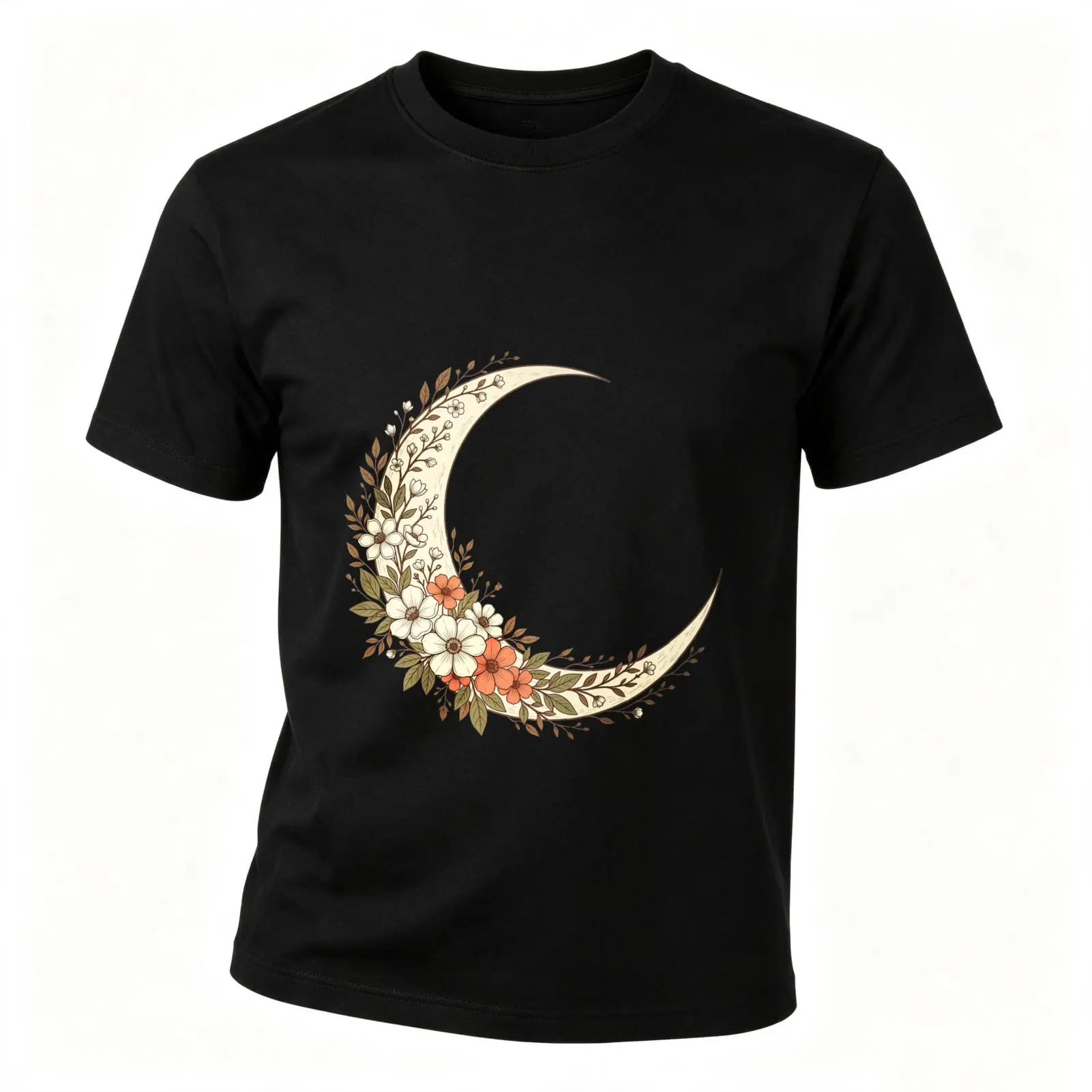 Women's Carpesun Bohemian Print T-Shirt - Short Sleeve Tops, Floral Crescent Moon Design, Breathable Knit Soft Cotton, Classic Cut Crew Neck, Unisex Casual Wear Gift For Loved Ones