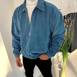 Oversized Corduroy Jacket Men's Trendy Blue Collared Zip-Up Casual Coat with Stylish Fit and Comfortable Design