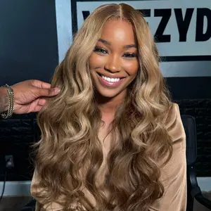OQ HAIR Ash Blonde Honey Highlight Color Body Wave Pre-Cut 7x5 Lace Wig Pre Plucked Bleached Wear Go Glueless Wig Human Hair