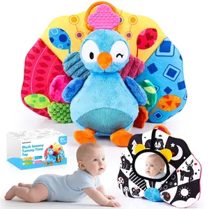 Baby Sensory Tummy Time Toys 0-3-6-12 Months, High Contrast Newborn Infant Peacock Toy, Washable Stuffed Animal Toy with Mirror Crinkle Rattle Teether,Baby Boy Girl Shower Gifts Easter Basket Stuffers