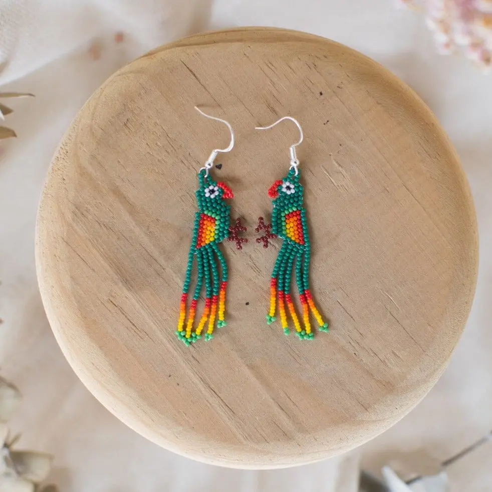 Dark Lovers - Native Beaded Earrings with Green Bird Design - Handmade by Huichol Artisans - Mother Sierra