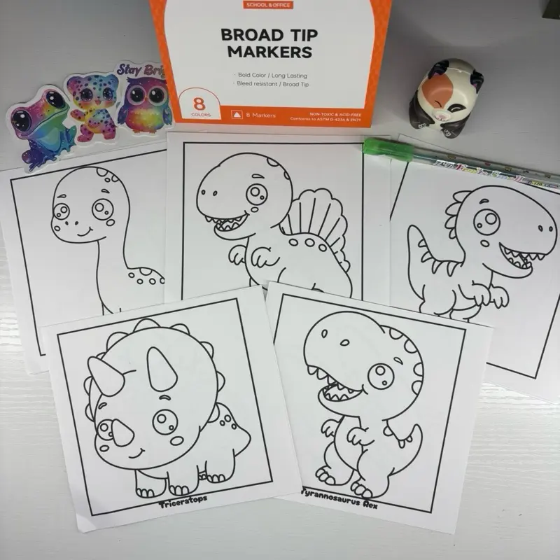 Tiny Artist Coloring Kit – Dinos | Cute Dinosaur Coloring Pages with Markers, Stickers & Surprise Fidget Toy | Bold & Easy Coloring for Kids & Adults