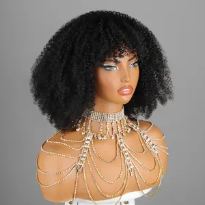 Cliclihair Wear And Go Glueless Human Hair Wig Natural Color Afro Curly with Bangs Jerry Curly Wig Beginer Friendly