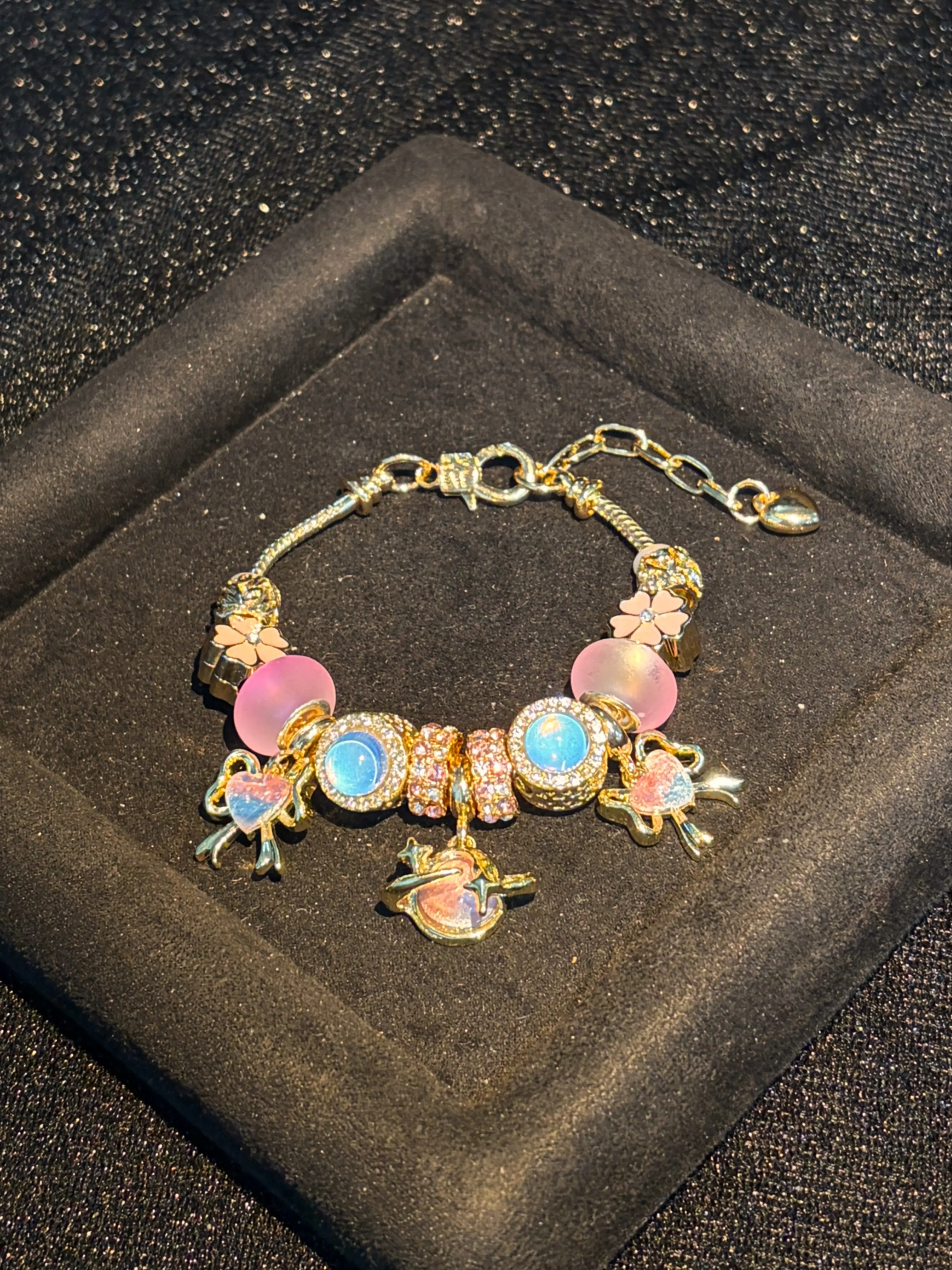 Gold Tone Snake Chain Charm Bracelet for Women, Pink Opal Beaded Bracelet with Angel Wing & Flower Charms, Sweet Fairy Stackable Handmade Jewelry Gift for Her