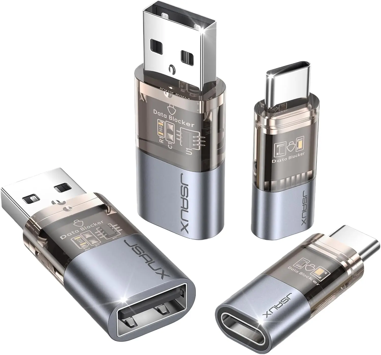 USB Data Blocker & USB C Data Blocker (4-Pack), Transparent Type a & Type C Data Blocker Only for Charge, Protect against Juice Jacking, Prevent Hacking for Safe Charging JSAUX