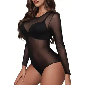Long Sleeve Mesh Bodysuit For Women, Sheer Mesh Top Round Neck See Through Leotard Jumpsuit Snap Crotch Clubwear