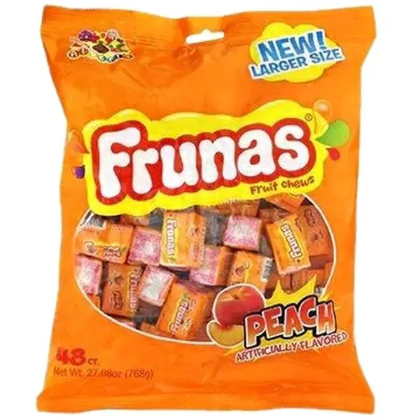 Frunas Peach Flavor Chewy Candy Treat - 48-Pack Low Fat Protein Bites, Fruity Snacks, 24-Month Shelf Life Cupboard Storage Option