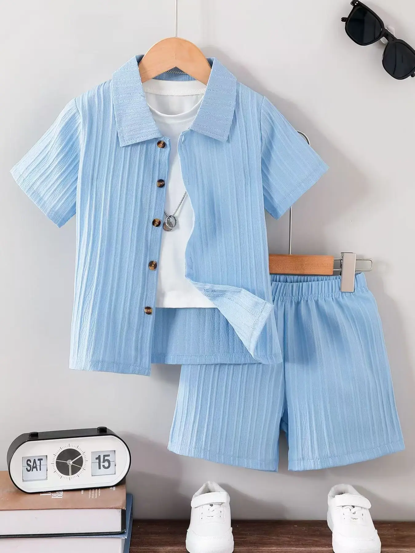 Boys Summer Fashion New Solid Color Collared Shirt Wave Stripe Fabric Short Sleeve Casual Shorts Children Suits Set