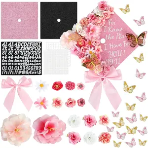 Naozinebi 55 Pcs Pink DIY Graduation Cap Decorations Faux Assorted Flowers Pink Bows 3D Butterfly Stickers Glitter Alphabet Letter Number Decals for DIY Hat Grad Cap Topper Graduation Party