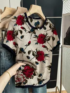 Floral Print Round Neck Fitted Knitted Sweater, Casual Short Sleeve Knitwear Tops for Spring Summer Fall, Comfortable Warm Womenswear Clothing