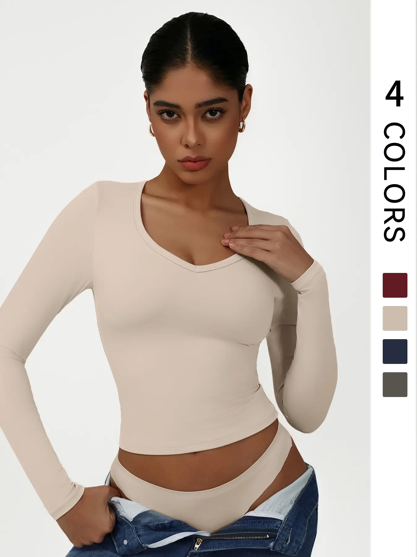 Women's V Neck Elastic Quick-Dry Long Sleeve Sports T-Shirt, Breathable Double Layer Fabric, Ideal for Running & Gym Workouts, Compression Sports Tee